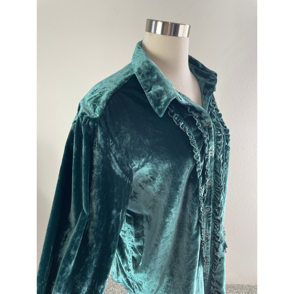 NEW Pilcro Anthropologie Womens Medium Dark Green Velvet Ruffle Button Up Shirt - Picture 7 of 10